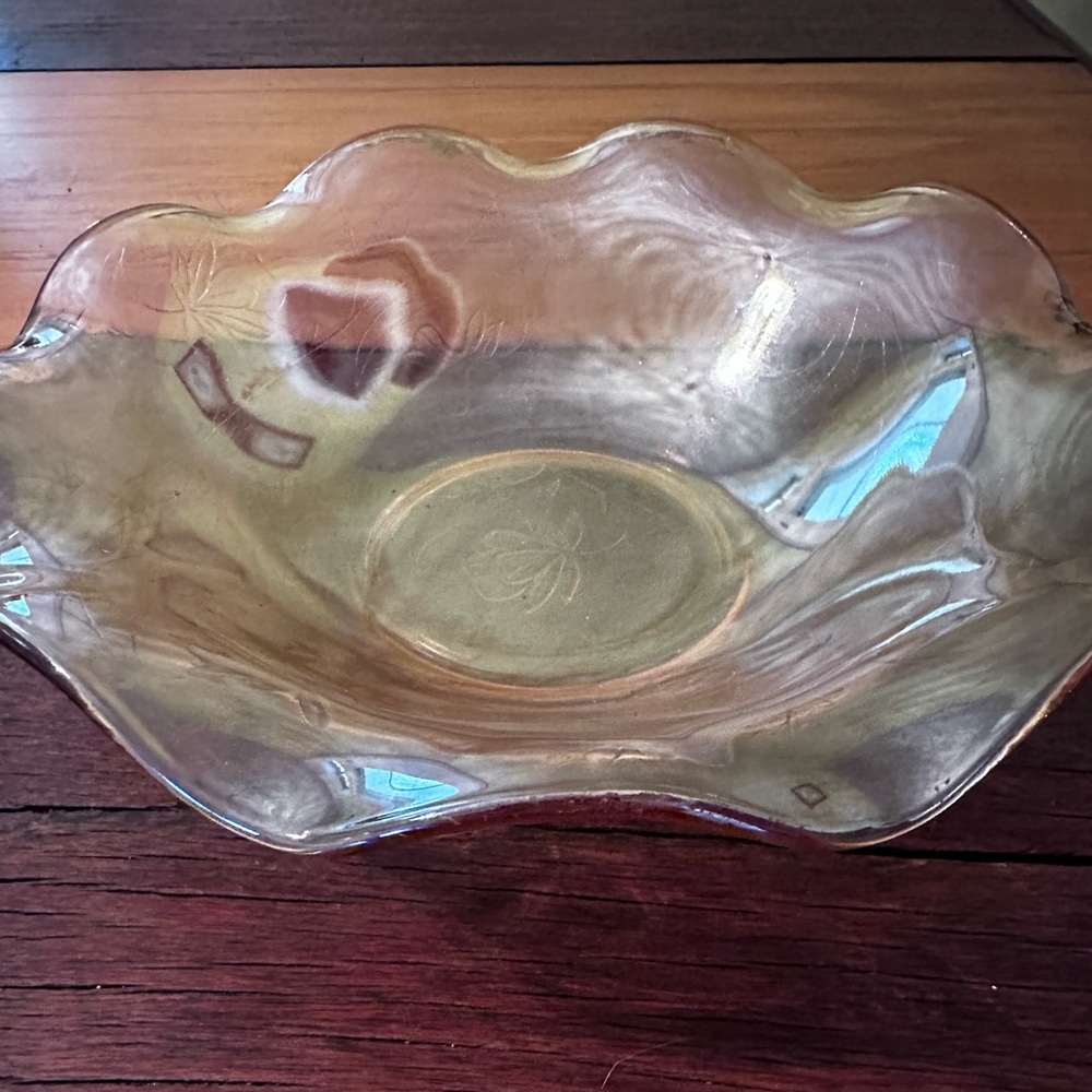 Amber Candy Dish with Etched Floral Design and Wavy Sides, Carnival Glass VTG